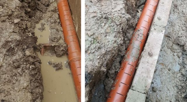 Perforated Pipe being laid – (prior to stone – a lot of standing water, very poor condition soil).